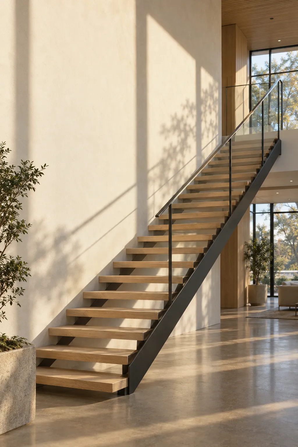 A sunlit oak staircase rising through a bright, open atrium