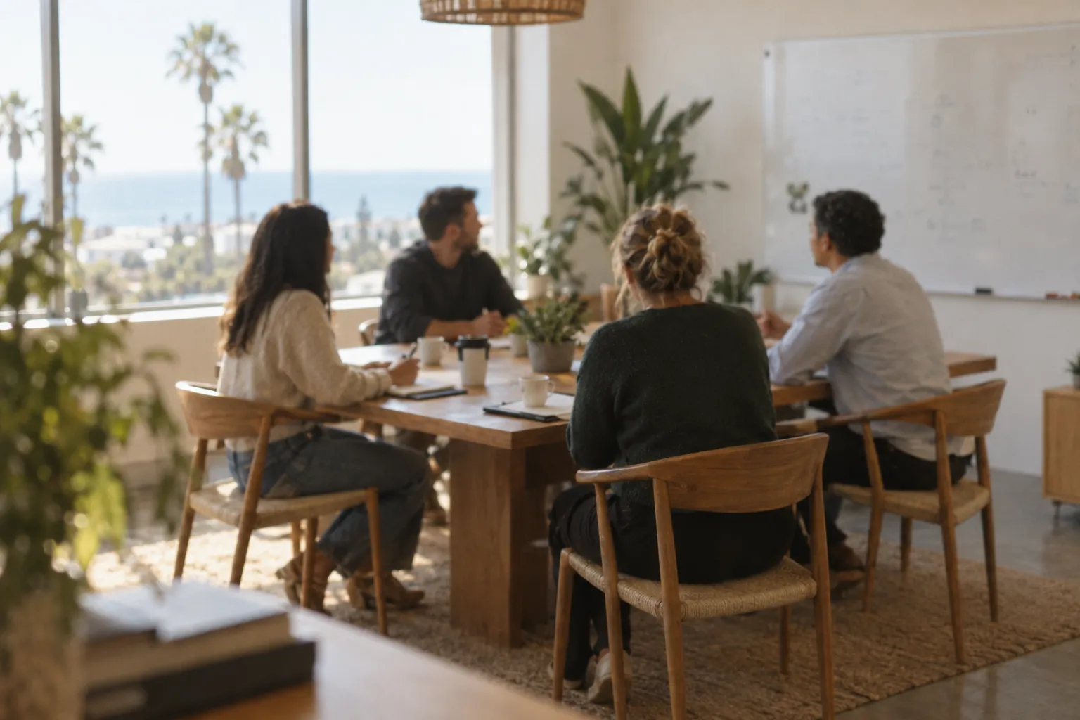 A leadership team meeting around a wooden table in a bright coastal office